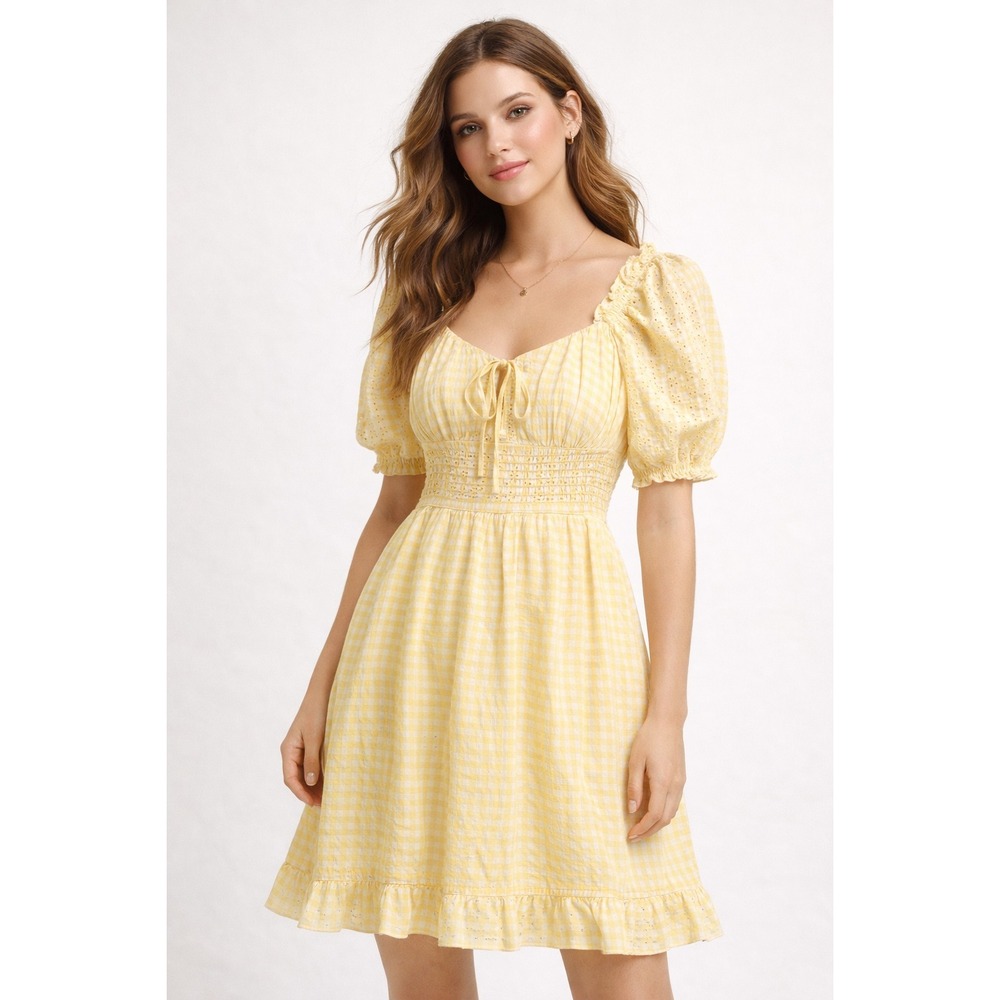 NY&C Yellow Eyelet Lace Milkmaid Dress Size Small Summer Gingham Puff Sleeve NEW
